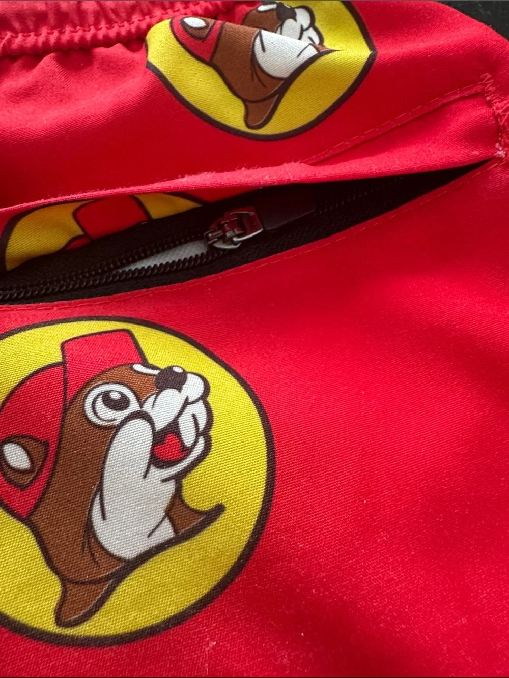 Red Kids Swim Trunks with Cartoon Badge Print